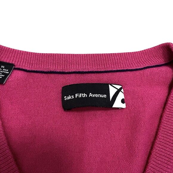 Saks Fifth Avenue Silk Cashmere Sweater V-Neck Long Sleeve Pink Magenta Men’s XL - Picture 5 of 7